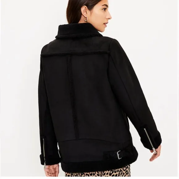 Loft Black Faux Suede Sherpa Moto Zip Up Coat Aviator Jacket