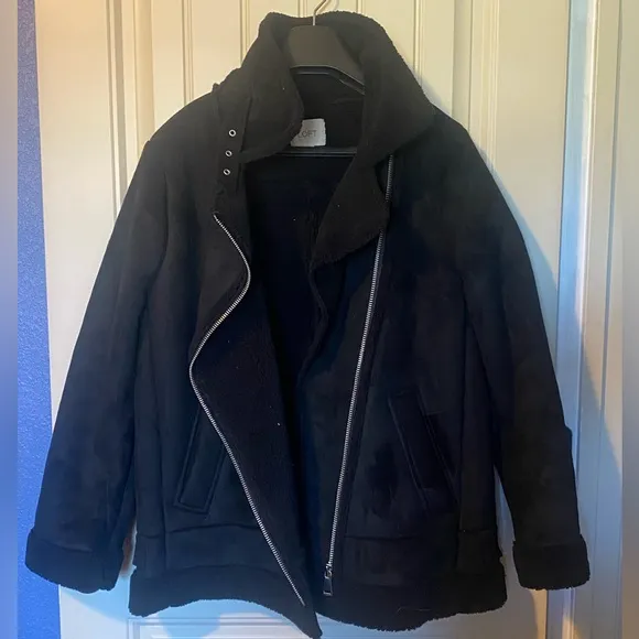 Loft Black Faux Suede Sherpa Moto Zip Up Coat Aviator Jacket