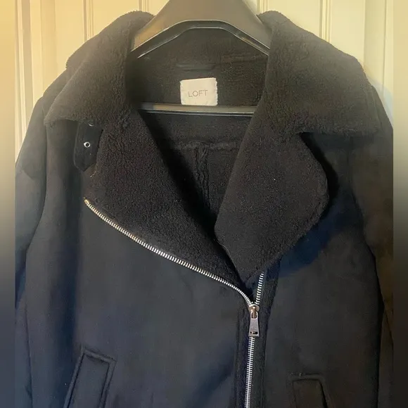 Loft Black Faux Suede Sherpa Moto Zip Up Coat Aviator Jacket