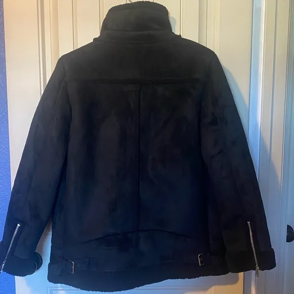 Loft Black Faux Suede Sherpa Moto Zip Up Coat Aviator Jacket