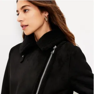 Loft Black Faux Suede Sherpa Moto Zip Up Coat Aviator Jacket