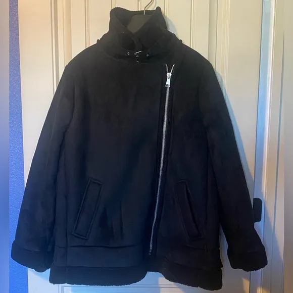 Loft Black Faux Suede Sherpa Moto Zip Up Coat Aviator Jacket