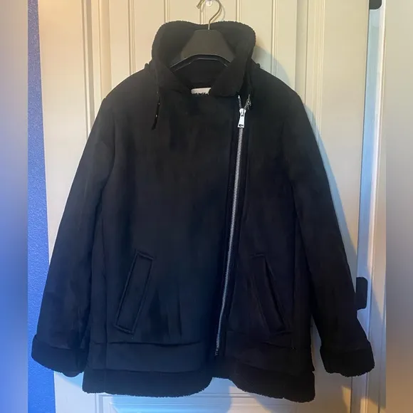 Loft Black Faux Suede Sherpa Moto Zip Up Coat Aviator Jacket