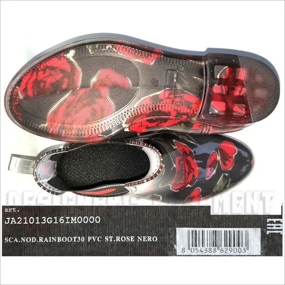 LOVE MOSCHINO rubber 37 - 6US black red ROSES &amp; logo HEART ankle Rain Boots NIB