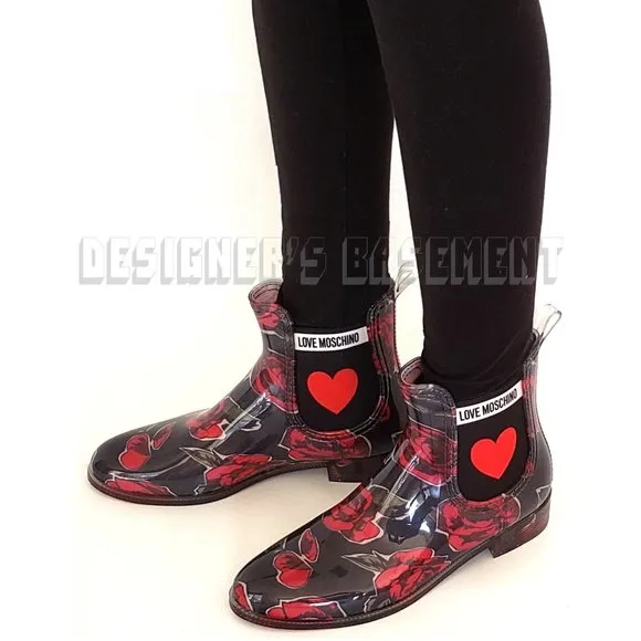 LOVE MOSCHINO rubber 38 - 7US black red ROSES &amp; logo HEART ankle Rain Boots NIB