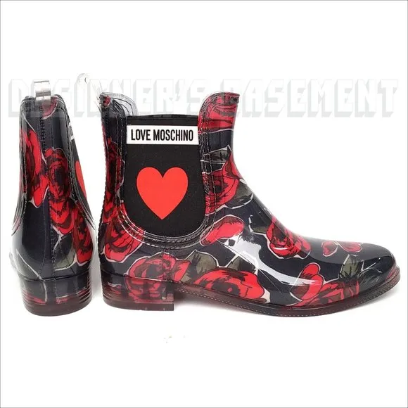 LOVE MOSCHINO rubber 38 - 7US black red ROSES &amp; logo HEART ankle Rain Boots NIB