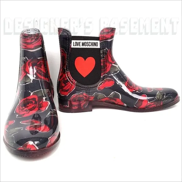 LOVE MOSCHINO rubber 40 - 9US black red ROSES &amp; logo HEART ankle Rain Boots NIB