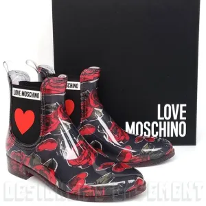 LOVE MOSCHINO rubber 40 - 9US black red ROSES &amp; logo HEART ankle Rain Boots NIB