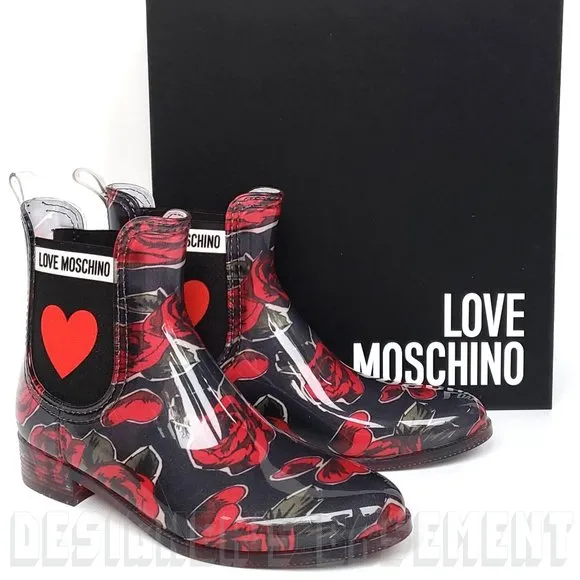 LOVE MOSCHINO rubber 40 - 9US black red ROSES &amp; logo HEART ankle Rain Boots NIB