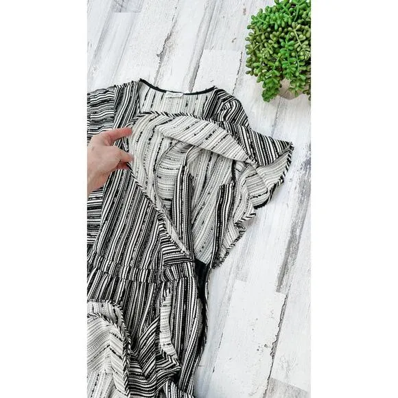 LoveShackFancy Black Cream Textured Flutter Sleeve Mini Wrap Style Dress