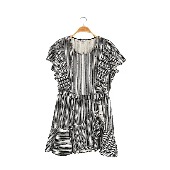 LoveShackFancy Black Cream Textured Flutter Sleeve Mini Wrap Style Dress