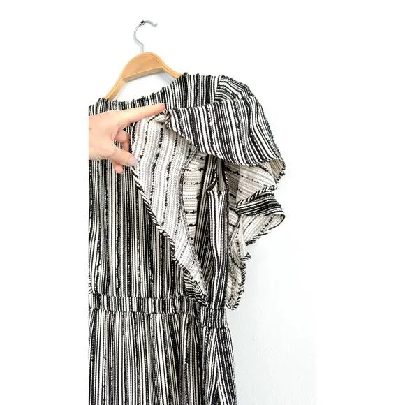 LoveShackFancy Black Cream Textured Flutter Sleeve Mini Wrap Style Dress