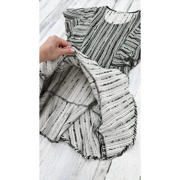 LoveShackFancy Black Cream Textured Flutter Sleeve Mini Wrap Style Dress