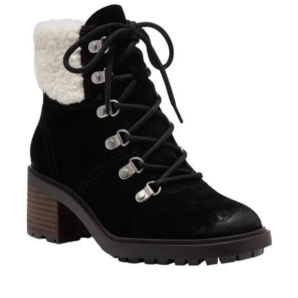 Lucky Brand Demia Black Suede Lug Sole Combat &amp; Lace-Up Boots, Sz 6