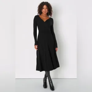 Lulus Cozy Inspiration Black Ribbed Skater Midi Sweater Dress