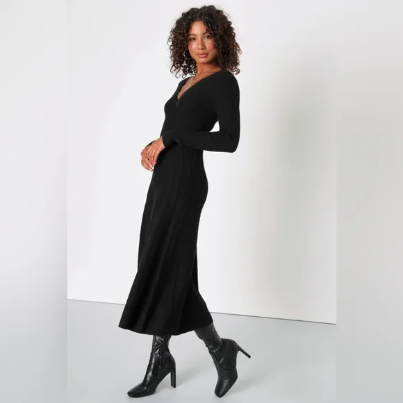 Lulus Cozy Inspiration Black Ribbed Skater Midi Sweater Dress