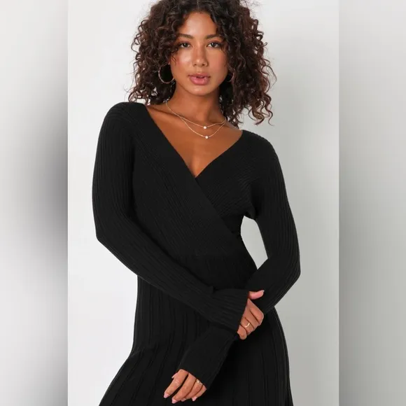 Lulus Cozy Inspiration Black Ribbed Skater Midi Sweater Dress