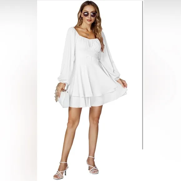 LYANER Lantern Long Sleeve Wrap Tie Back Square Neck Double Layer Ruffle Dresses