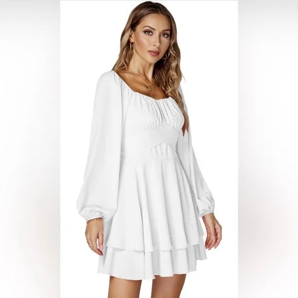 LYANER Lantern Long Sleeve Wrap Tie Back Square Neck Double Layer Ruffle Dresses