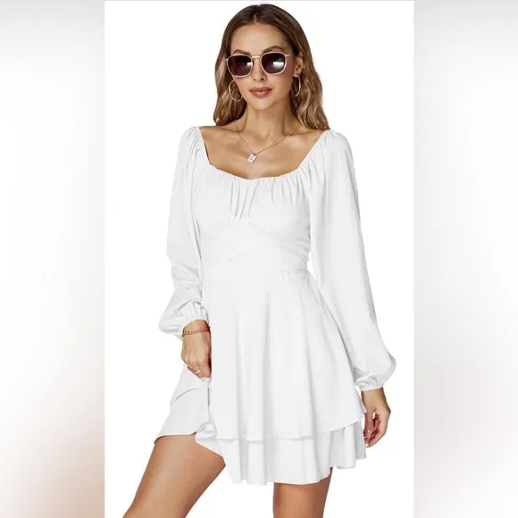 LYANER Lantern Long Sleeve Wrap Tie Back Square Neck Double Layer Ruffle Dresses