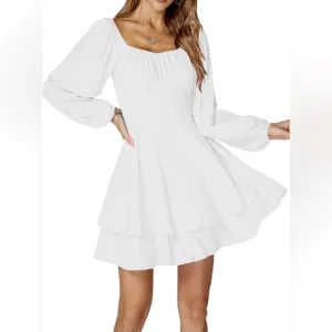 LYANER Lantern Long Sleeve Wrap Tie Back Square Neck Double Layer Ruffle Dresses