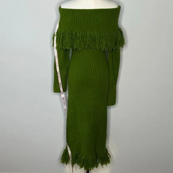 Mac Duggal Womens Off the Shoulder Fringe Long Sleeve Green Knit Dress Size XS