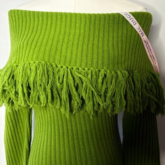 Mac Duggal Womens Off the Shoulder Fringe Long Sleeve Green Knit Dress Size XS