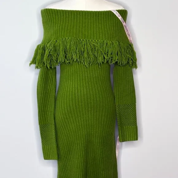 Mac Duggal Womens Off the Shoulder Fringe Long Sleeve Green Knit Dress Size XS