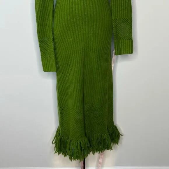 Mac Duggal Womens Off the Shoulder Fringe Long Sleeve Green Knit Dress Size XS