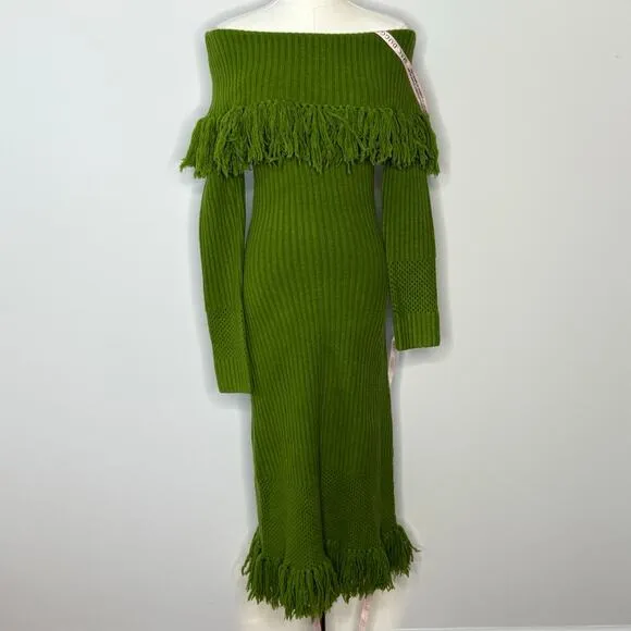 Mac Duggal Womens Off the Shoulder Fringe Long Sleeve Green Knit Dress Size XS