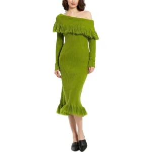 Mac Duggal Womens Off the Shoulder Fringe Long Sleeve Green Knit Dress Size XS