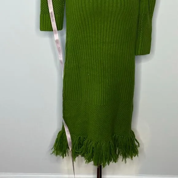 Mac Duggal Womens Off the Shoulder Fringe Long Sleeve Green Knit Dress Size XS