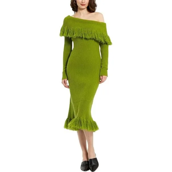 Mac Duggal Womens Off the Shoulder Fringe Long Sleeve Green Knit Dress Size XS