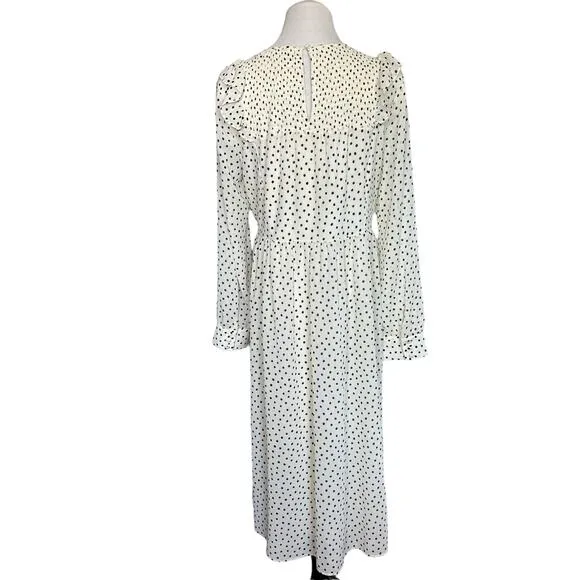 Madewell NEW Smocked Ruffle Polka Dot Long Sleeve Midi Dress White Black Large