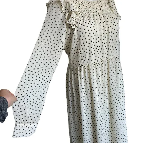Madewell NEW Smocked Ruffle Polka Dot Long Sleeve Midi Dress White Black Large