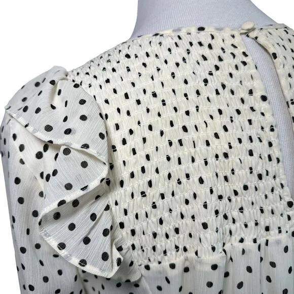 Madewell NEW Smocked Ruffle Polka Dot Long Sleeve Midi Dress White Black Large