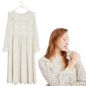 Madewell NEW Smocked Ruffle Polka Dot Long Sleeve Midi Dress White Black Large