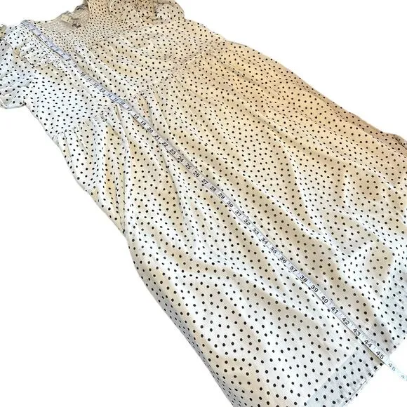 Madewell NEW Smocked Ruffle Polka Dot Long Sleeve Midi Dress White Black Large