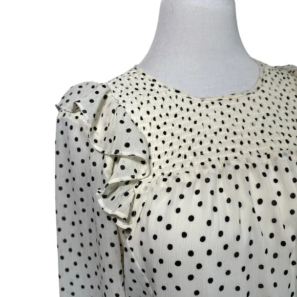 Madewell NEW Smocked Ruffle Polka Dot Long Sleeve Midi Dress White Black Large