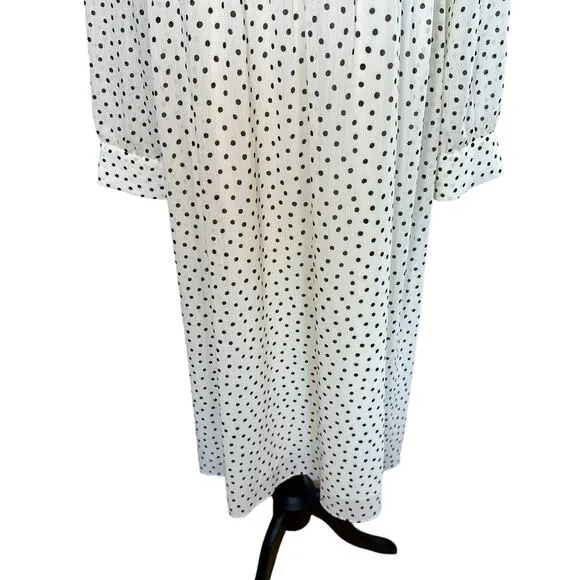 Madewell NEW Smocked Ruffle Polka Dot Long Sleeve Midi Dress White Black Large