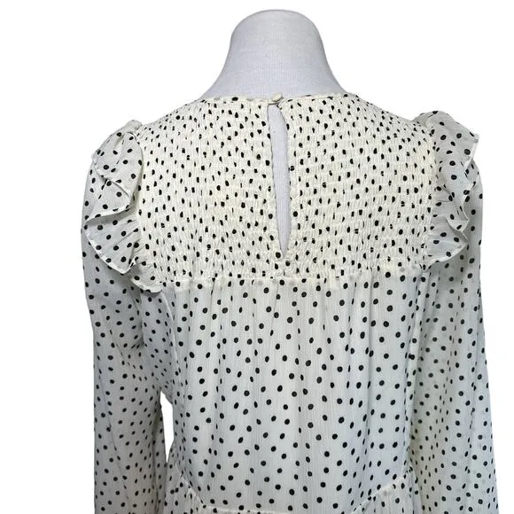 Madewell NEW Smocked Ruffle Polka Dot Long Sleeve Midi Dress White Black Large