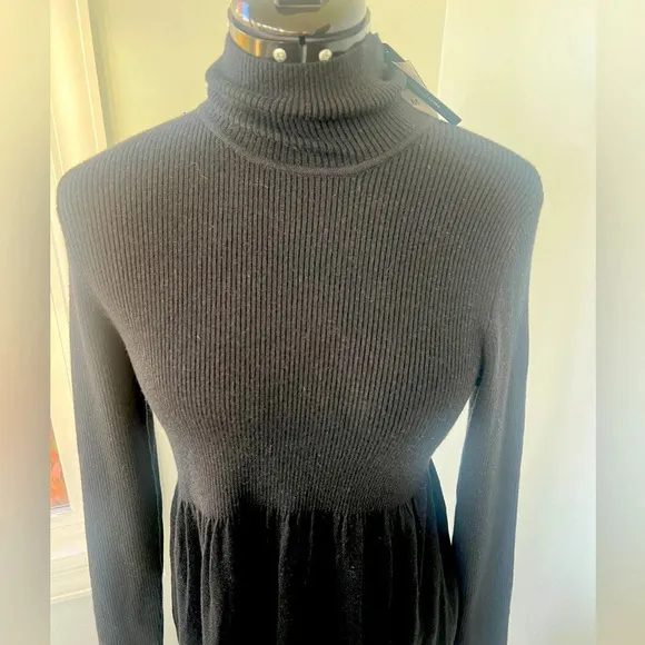 Magaschoni Sz M Black Mock Neck Turtleneck Long Sleeve Mini Sweater Dress NWT