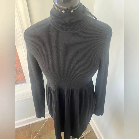 Magaschoni Sz M Black Mock Neck Turtleneck Long Sleeve Mini Sweater Dress NWT