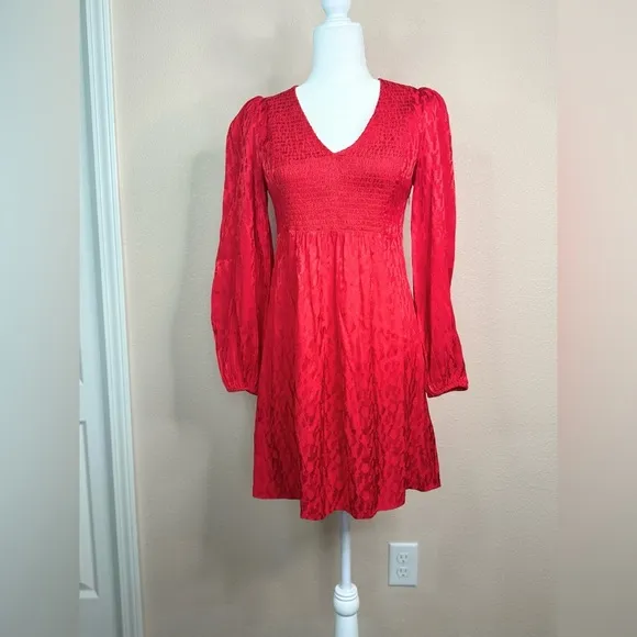 Maje RIMINE JACQUARD LONG SLEEVE A-LINE DRESS IN RED size 1 ( S)
