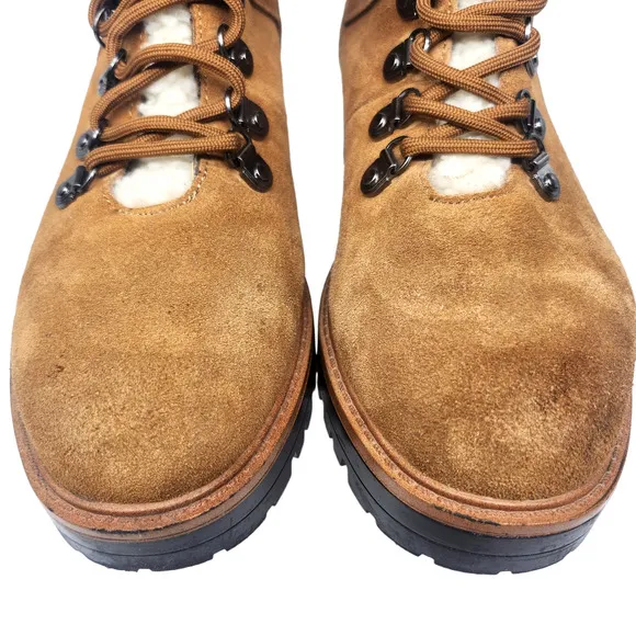 Marc Fisher Boots 9 Brown Leather Suede Combat Faux Shearling Fur Mid Calf Lace