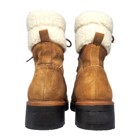 Marc Fisher Boots 9 Brown Leather Suede Combat Faux Shearling Fur Mid Calf Lace