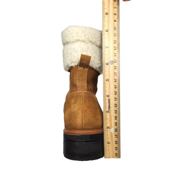 Marc Fisher Boots 9 Brown Leather Suede Combat Faux Shearling Fur Mid Calf Lace