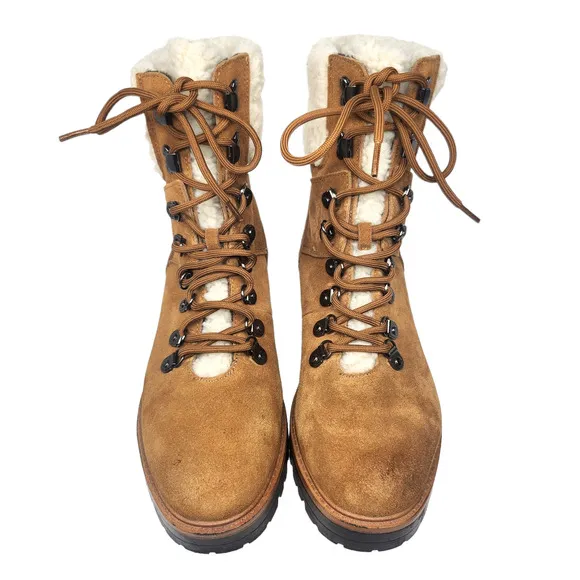 Marc Fisher Boots 9 Brown Leather Suede Combat Faux Shearling Fur Mid Calf Lace