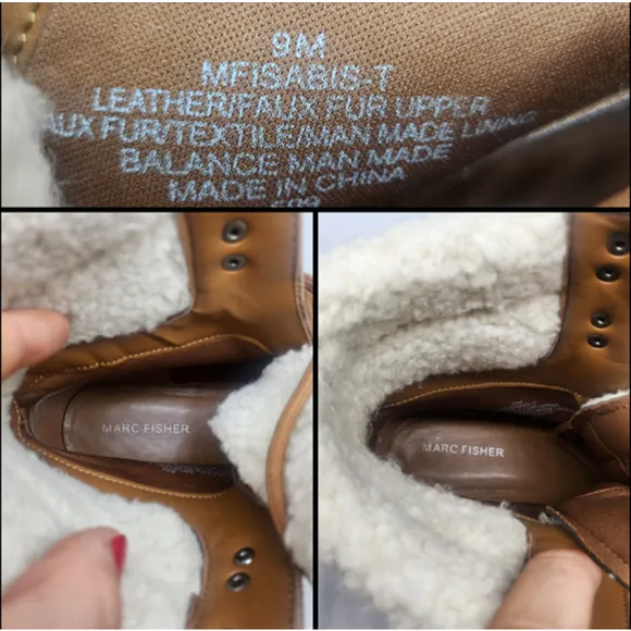 Marc Fisher Boots 9 Brown Leather Suede Combat Faux Shearling Fur Mid Calf Lace