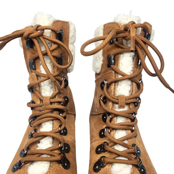Marc Fisher Boots 9 Brown Leather Suede Combat Faux Shearling Fur Mid Calf Lace
